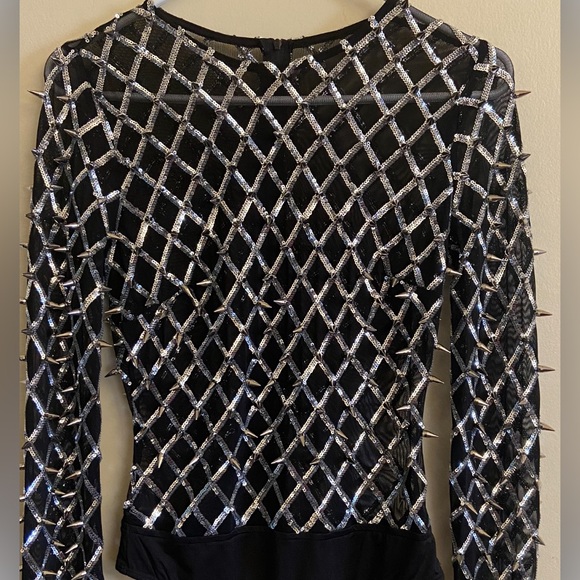 Black mesh bodysuit with metal spikes. Size large, 27” long, thong bottom - Picture 1 of 3